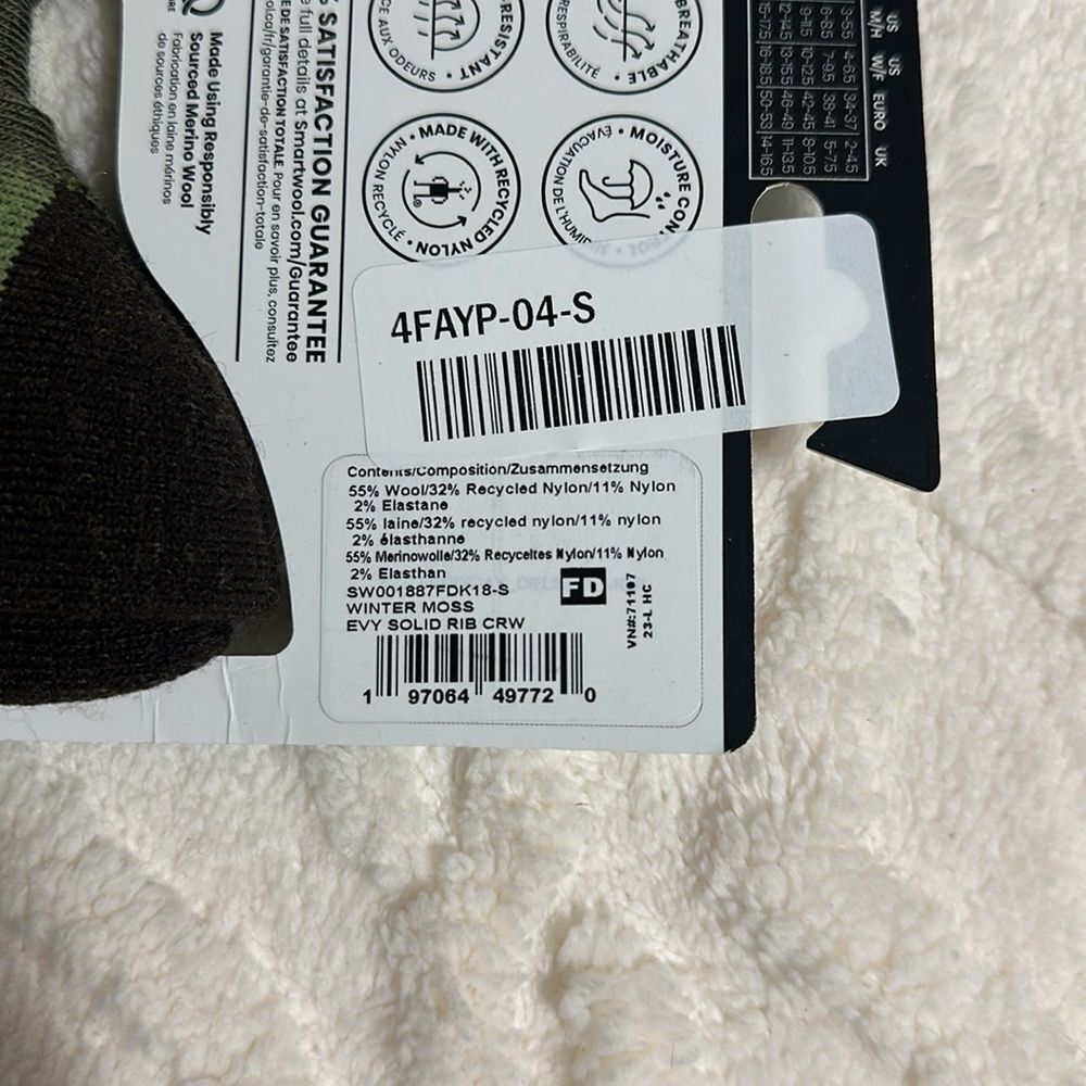 SmartWool S Unisex Camo Army Winter Moss Green Everyday Ribbed Wool Crew Socks - Picture 9 of 9